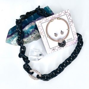 Banana Republic Black+Gold Rhinestone ChainLink Necklace & Bracelet+Earrings